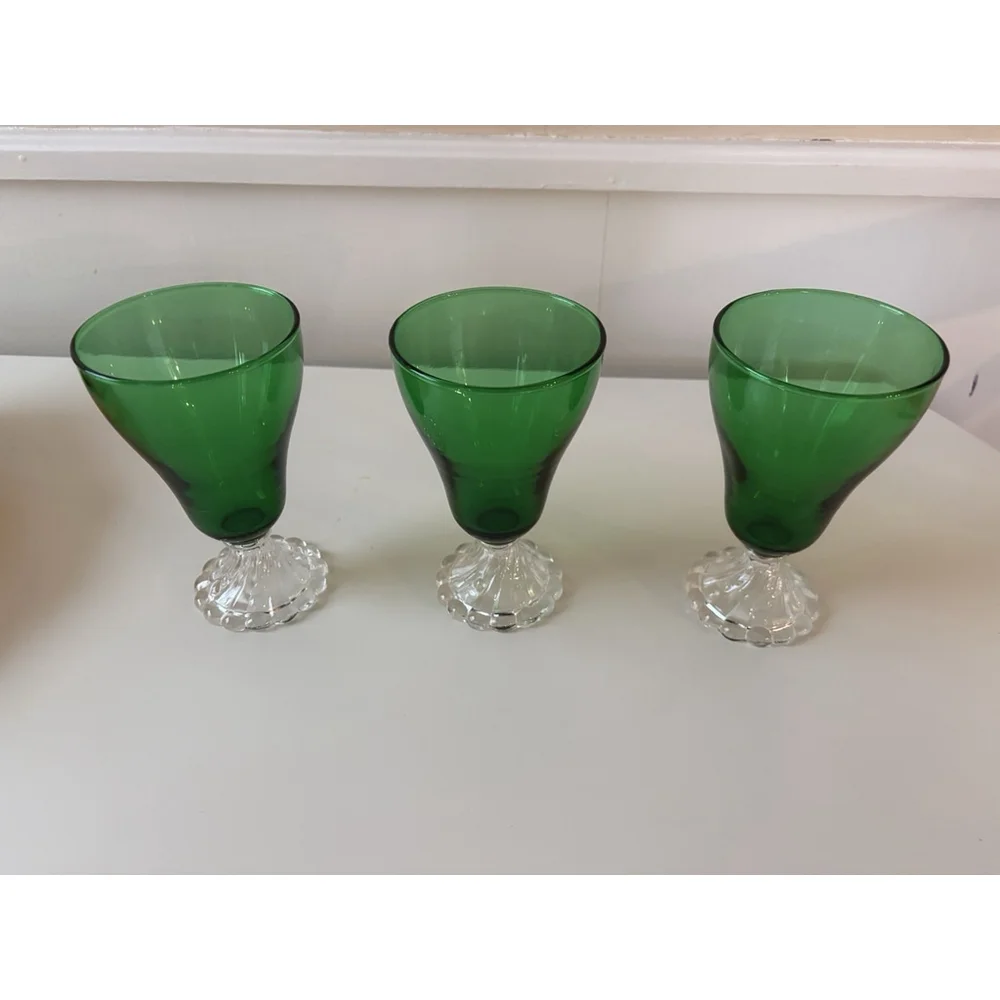 Set Of 3 Vintage Anchor Hocking Burple Inspiration Green Footed Glasses
